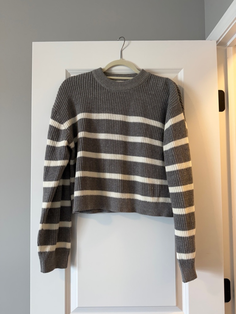 H&M Gray and White Striped Crewneck Sweater
